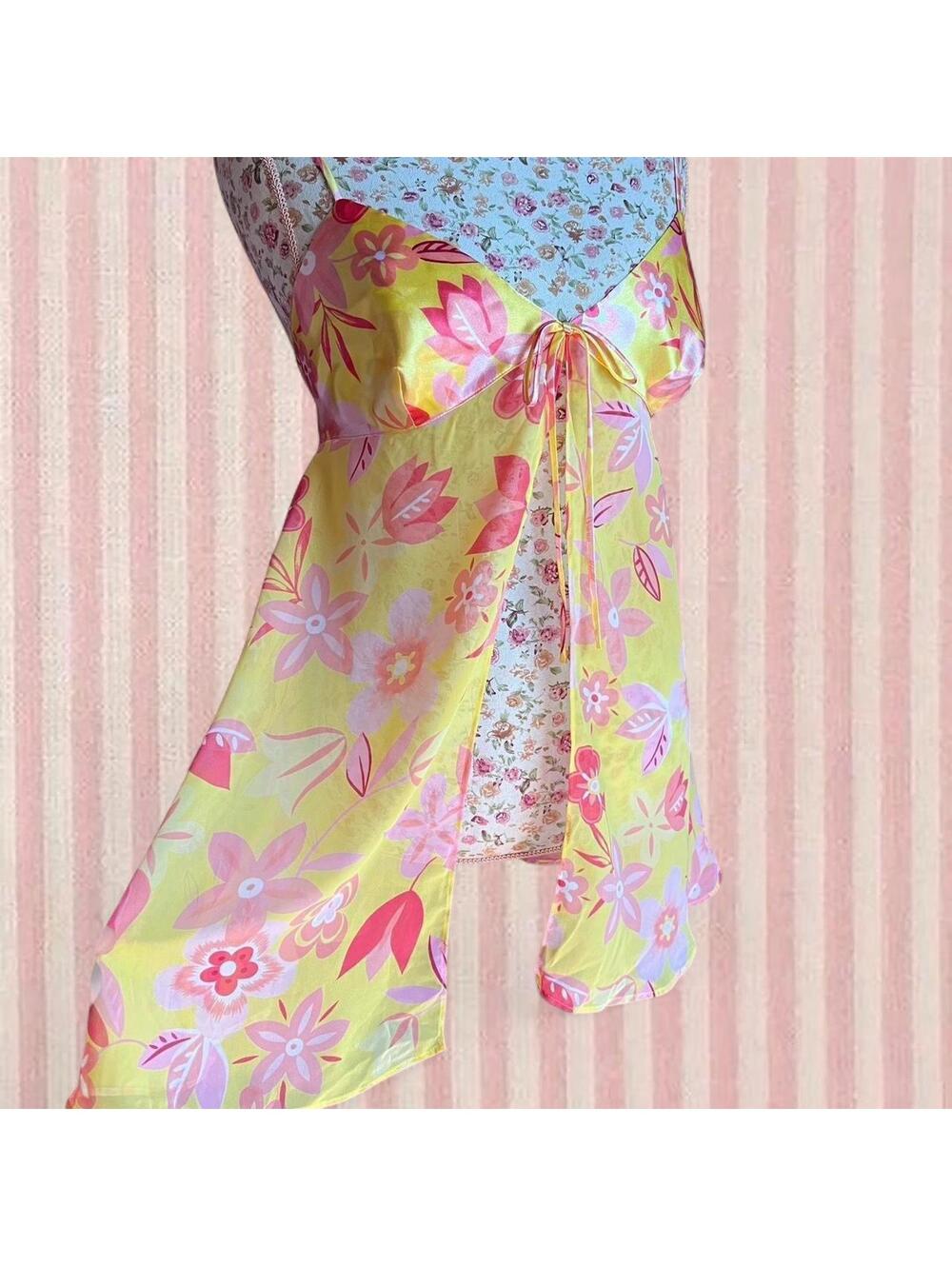 y2k vintage yellow floral babydoll dress and thong set